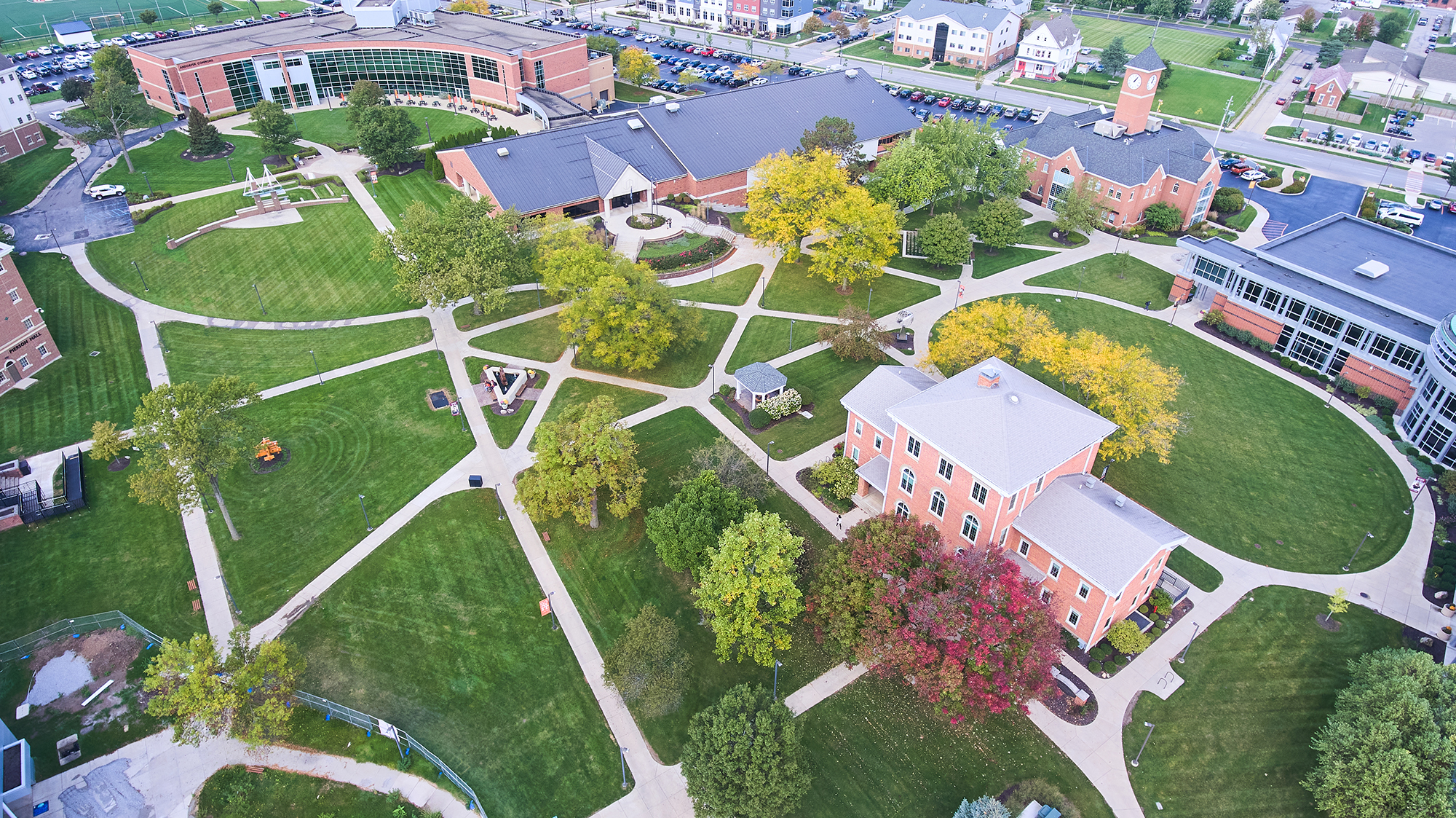 Bird's eye view of landscaping and grass at Indiana Tech campus maintained by Vision Scapes