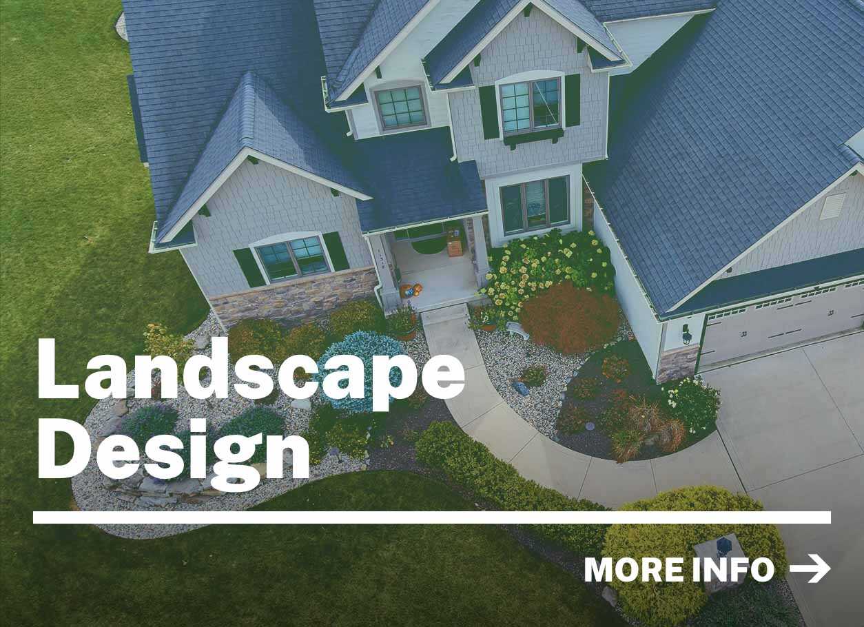 An aerial view of a corner of landscaping at a house.